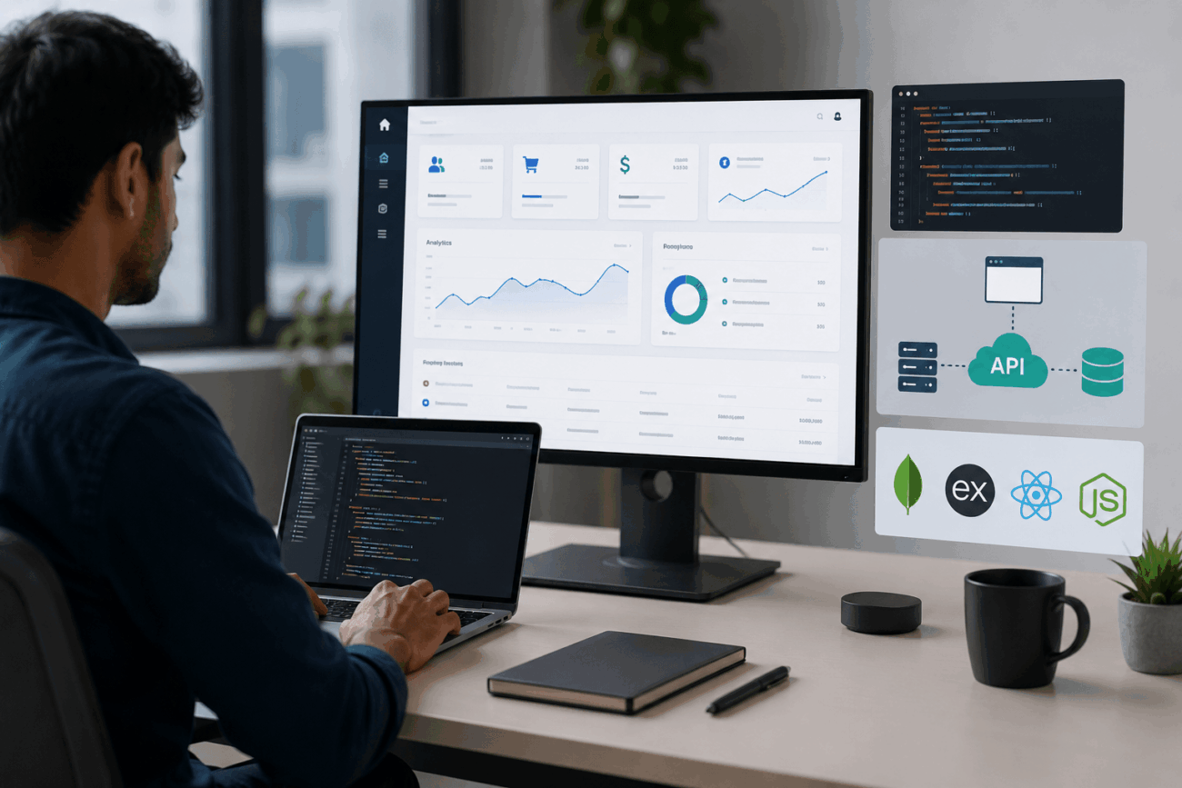 MERN stack development services showing React Node.js MongoDB and ExpressJS web application development